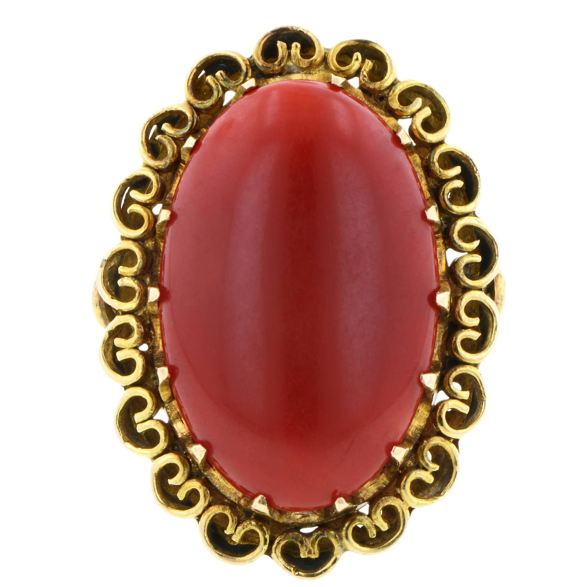 Oval Oxblood Red Coral Cabochon Gold Ring  For Sale