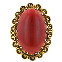 Oval Oxblood Red Coral Cabochon Gold Ring 