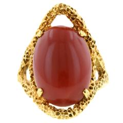 Oval Oxblood Red Coral Cabochon Gold Ring