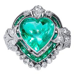 5.87 Carat Heart Shaped Colombian Emerald Diamond Platinum Ring 8