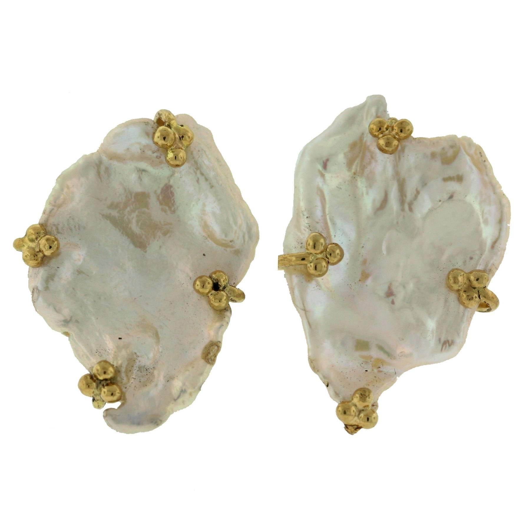 Paula Crevoshay Handcrafted Pearl Gold Earrings For Sale