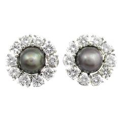 Rare Grey Natural Saltwater Pearl Diamond Gold Earrings 7