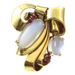 Raymond Yard Retro Moonstone Ruby Gold Brooch 10