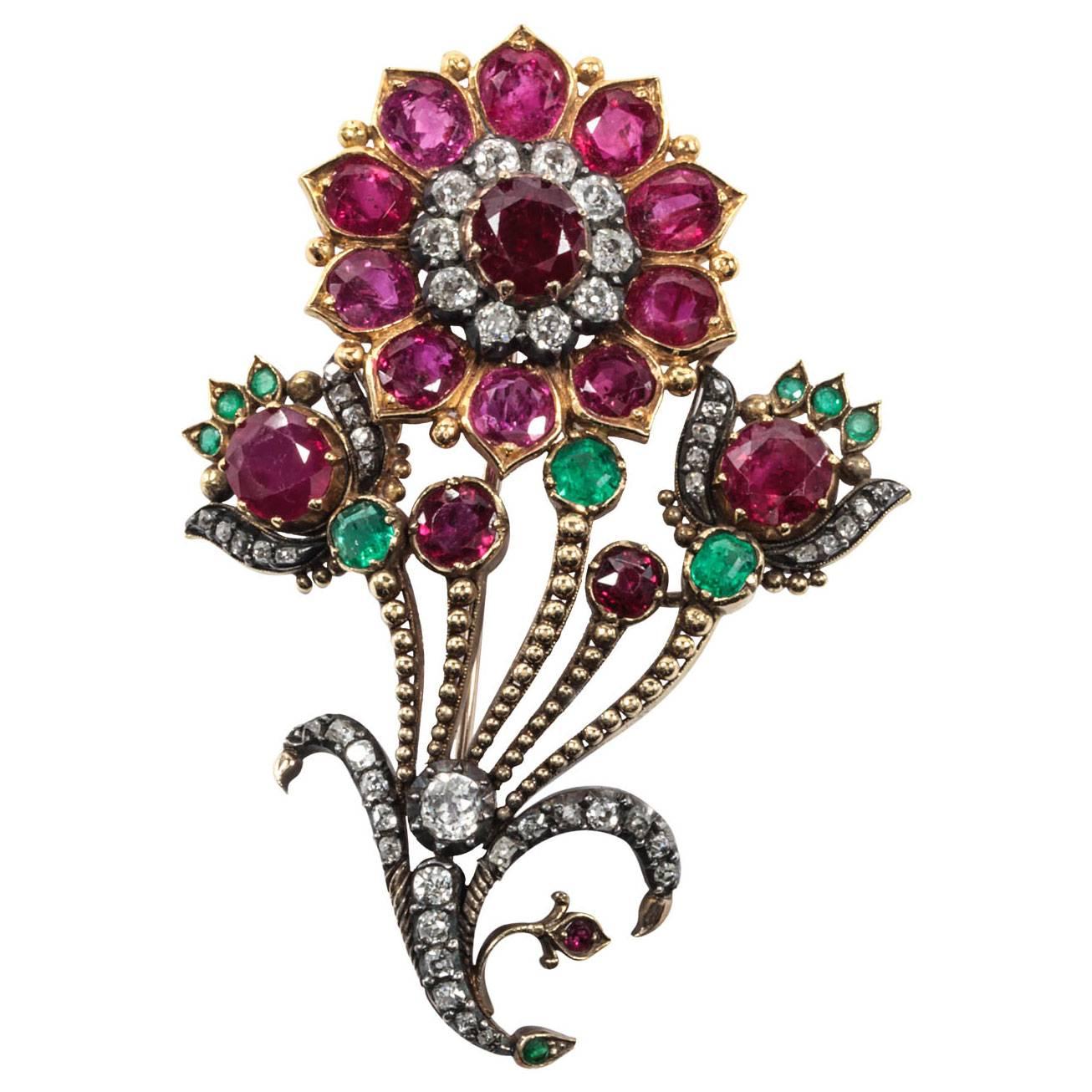 Ruby Emerald Diamond Gold Flower Pin For Sale