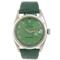 Vintage Rolex Stainless Steel Datejust Custom Green Dial Automatic Wristwatch