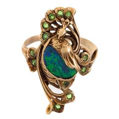 Art Nouveau Gold Ring with Black Opal and Demantoid Garnets by Walton & Co.