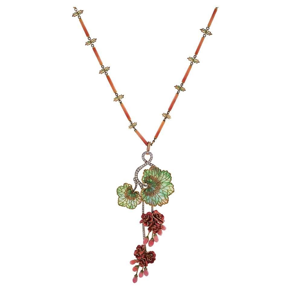 Marcus & Co Art Nouveau Conch Pearl Gold Enamel "Morning Glory" Necklace