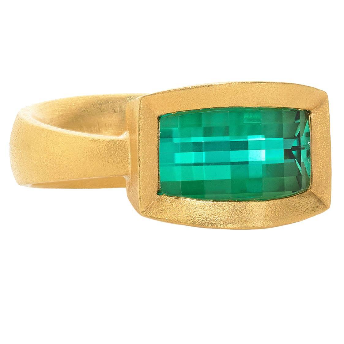 Devta Doolan One of a Kind Green Tourmaline Geometric Grid Handmade Ring