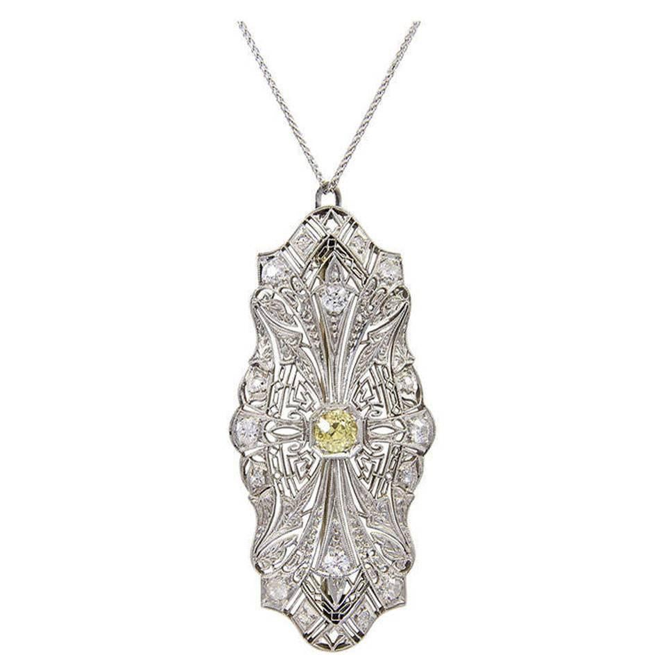 Art Deco Fancy Yellow Diamond Platinum Pendant