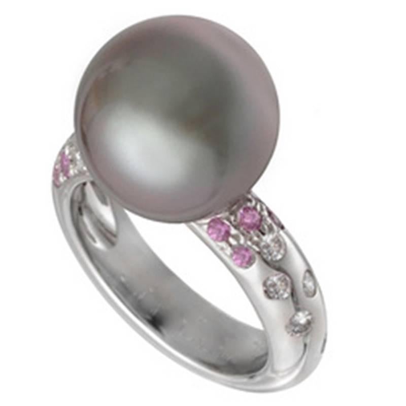 Cartier Tahitian Black Pearl Pink Sapphire Diamond Gold Ring For Sale