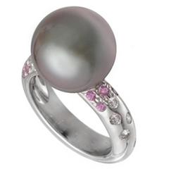 Cartier Tahitian Black Pearl Pink Sapphire Diamond Gold Ring 10