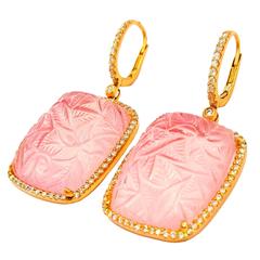 Carved Vivid Rose Quartz 
1.75 Carats of Diamonds Earrings by Dana Rebecca