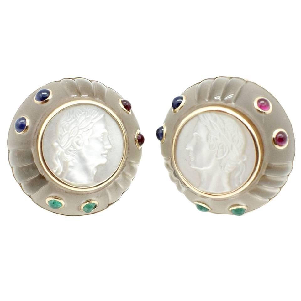 Trianon Mother-of-Pearl Intaglio Cameo Rock Crystal Gemstone Gold Earrings For Sale