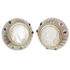 Vintage Trianon Mother-of-Pearl Intaglio Cameo Rock Crystal Gemstone Gold Earrings
