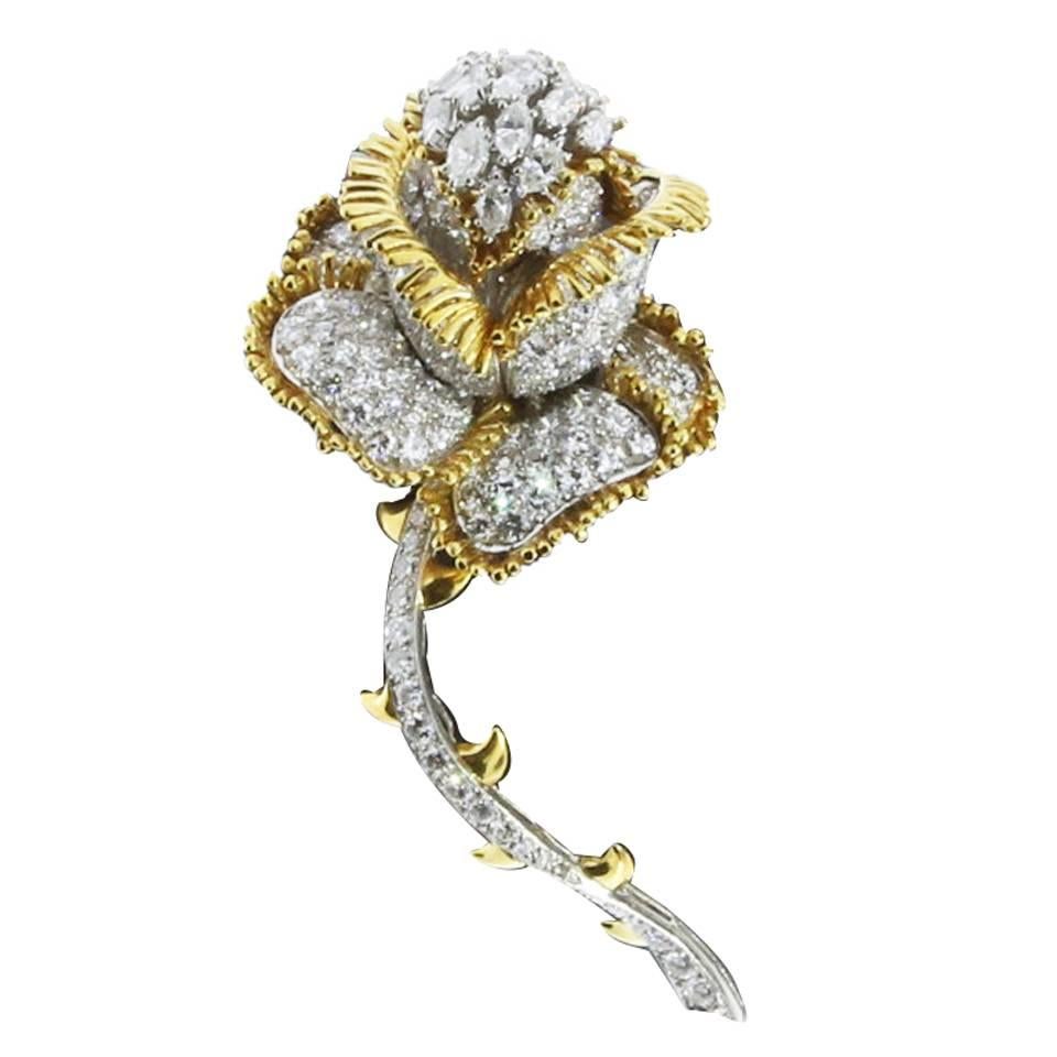 Impressive 11 Carat Brilliant Diamonds Gold Rose Flower Pin Brooch For Sale