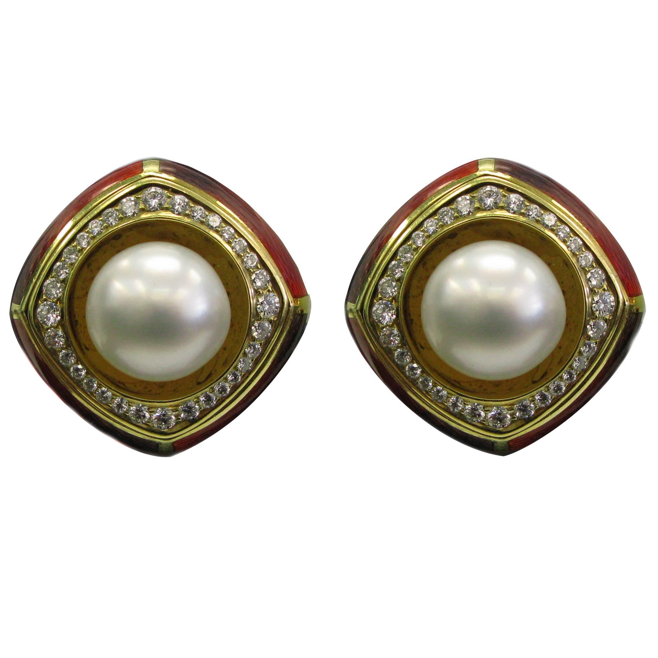 De Vroomen Ohrclips aus Emaille mit Perlen und Diamanten in Gold im Angebot