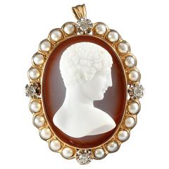 French Empire Neoclassical Cameo Pearl Diamond Brooch Pendant