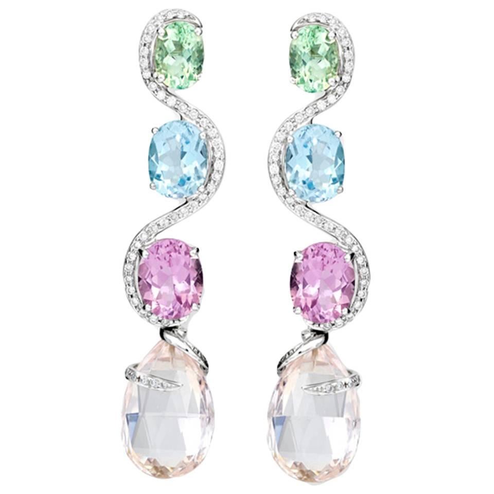 Shanghai Beryl Kunzite Topaz Danburite Diamond Gold Drop Earrings