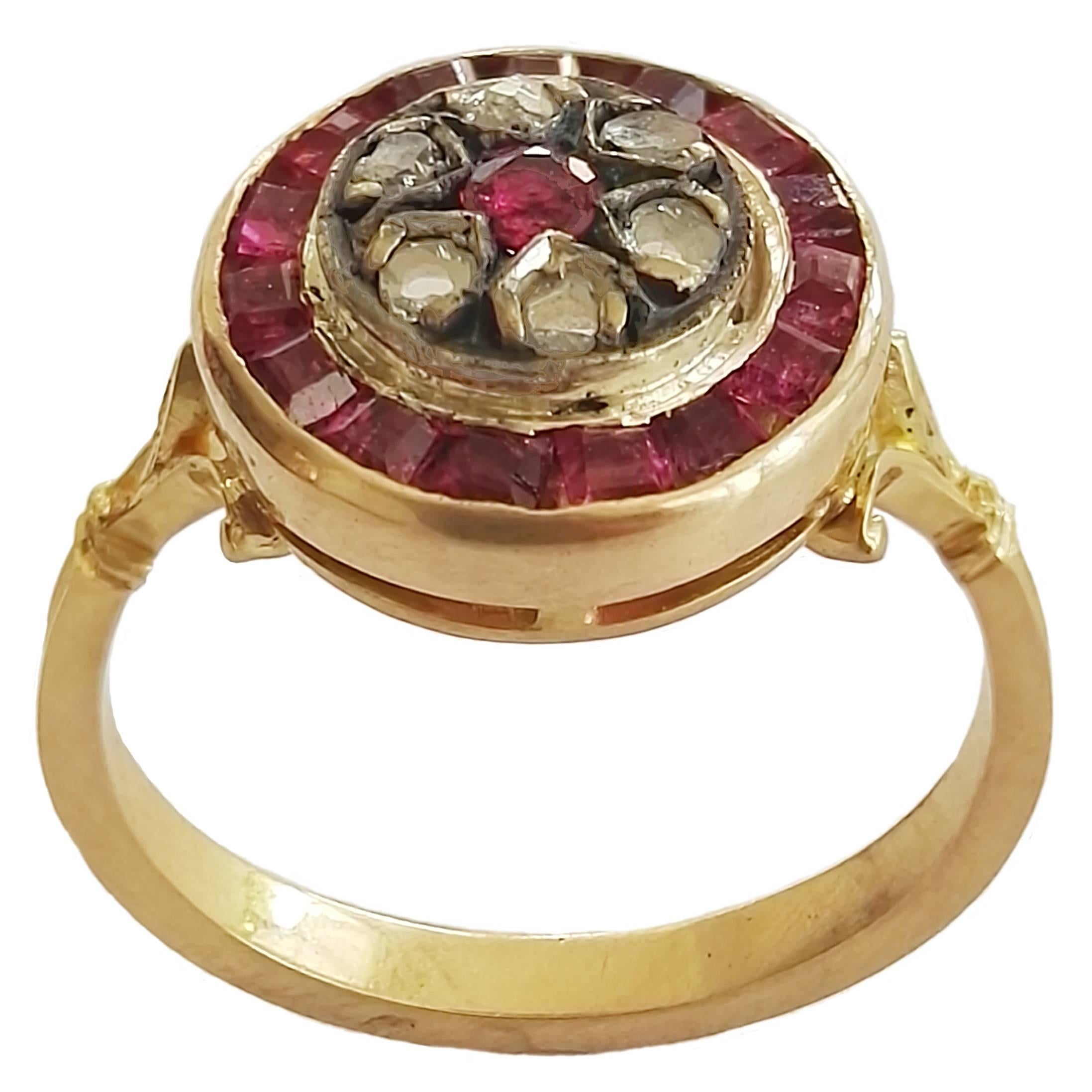 1920s Ruby rose cut diamond Silver Gold Ring