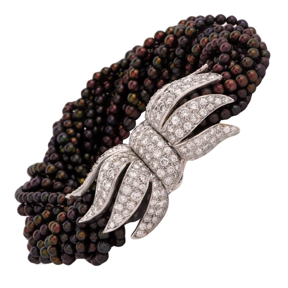 1960s Multi Strand Black Peacock Pearl Diamond Platinum Clasp Bracelet