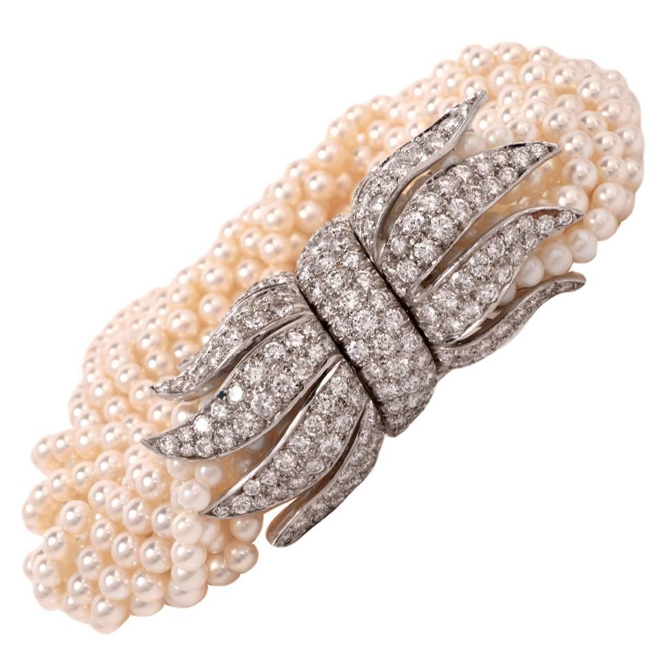 Multi Strand Pearl Diamond Platinum Ribbon Bow Clasp Bracelet 