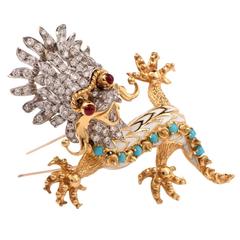 Enamel Turquoise Ruby Diamond Gold Dragon Pin Brooch