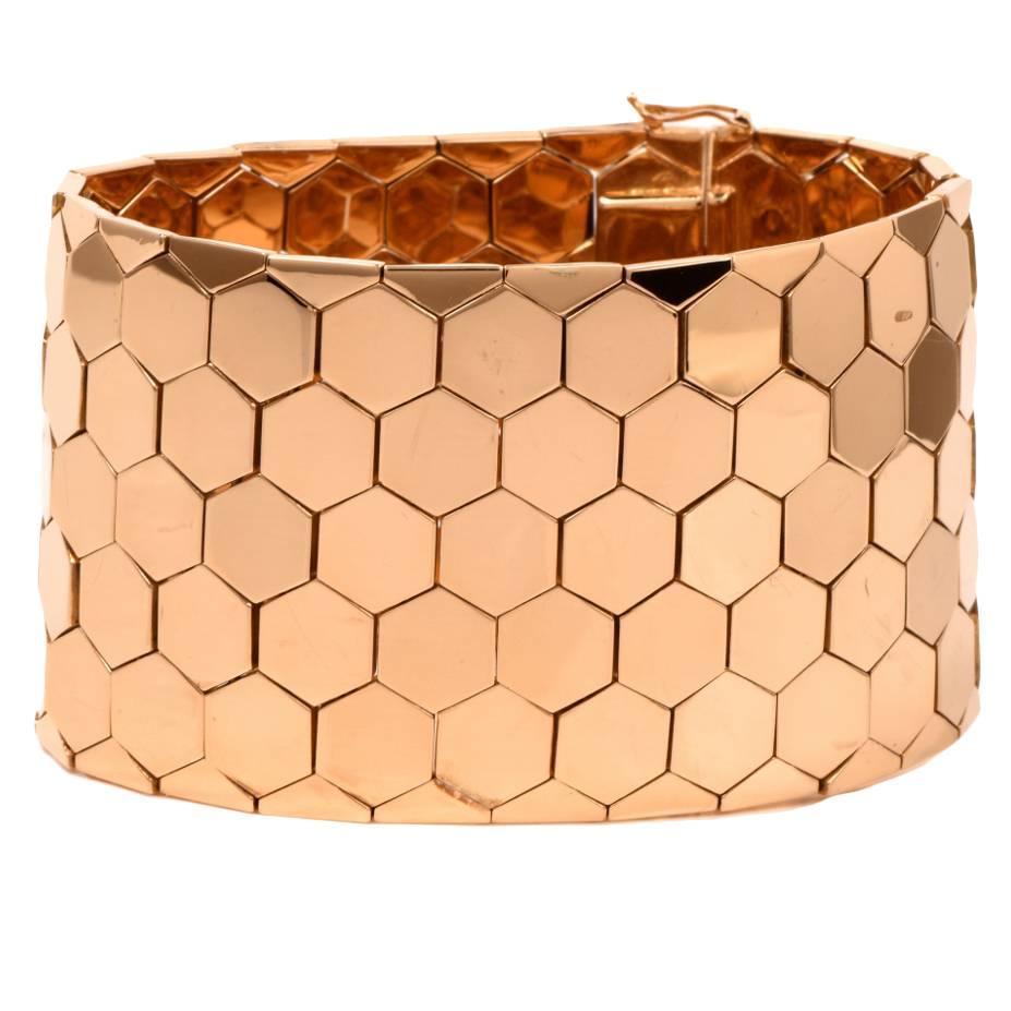 1950's Retro Honeycomb Gold Wide Bracelet