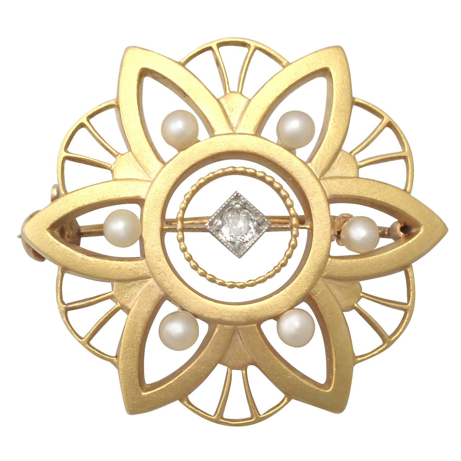 1890s Seed Pearl and Diamond, 14k Yellow Gold Brooch