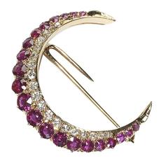 Antique Ruby Diamond Gold Crescent Brooch 