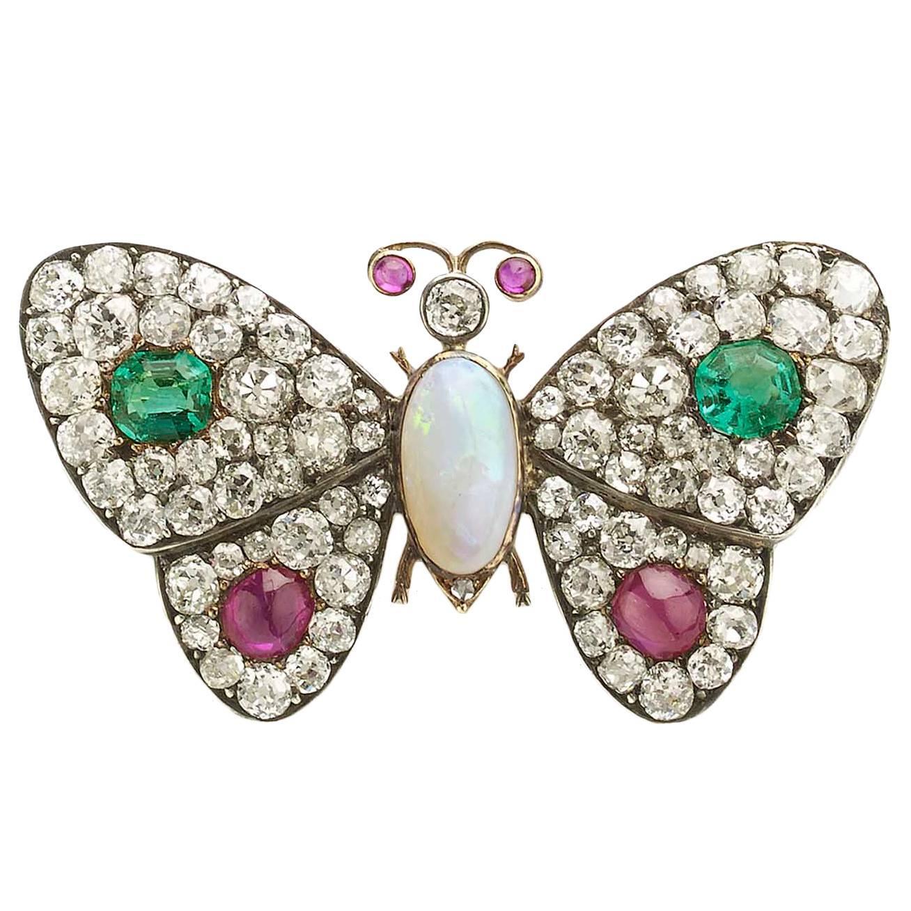 Antique Emerald Ruby Diamond Butterfly Brooch For Sale at 1stdibs
