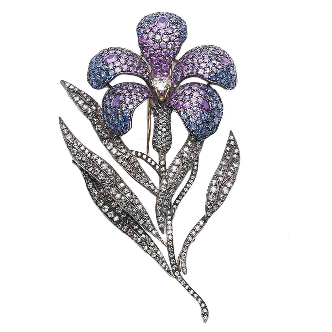 Large Enamel Sapphire Diamond Flower Brooch