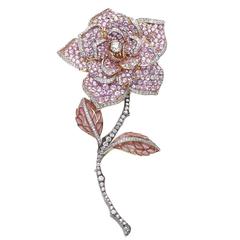 Sapphire Diamond Gold Rose Brooch 