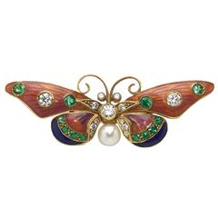 Pink and Blue Enamel Pearl Emerald Diamond Gold Butterfly Brooch 9