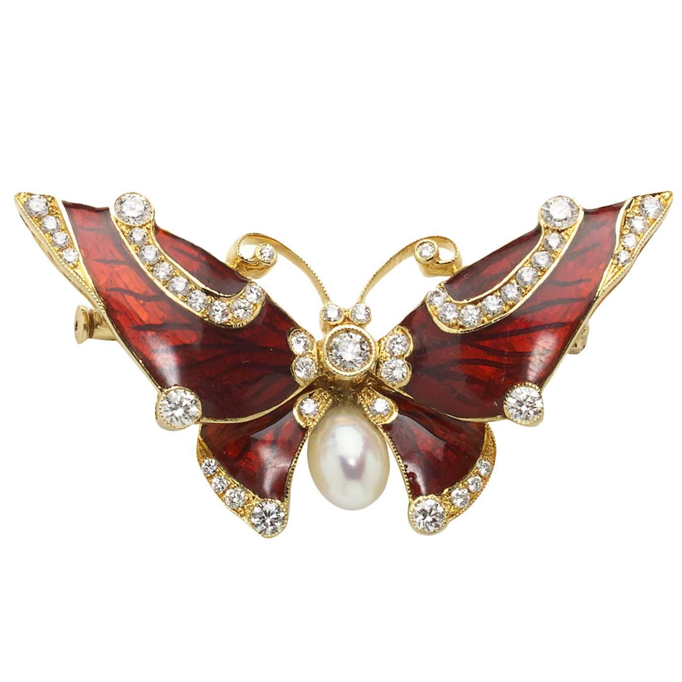 Red Enamel Pearl Diamond Gold Butterfly Brooch