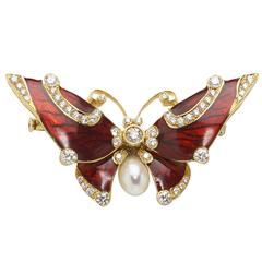 Red Enamel Pearl Diamond Gold Butterfly Brooch 12