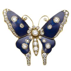 Blue Enamel Diamond Gold Butterfly Brooch