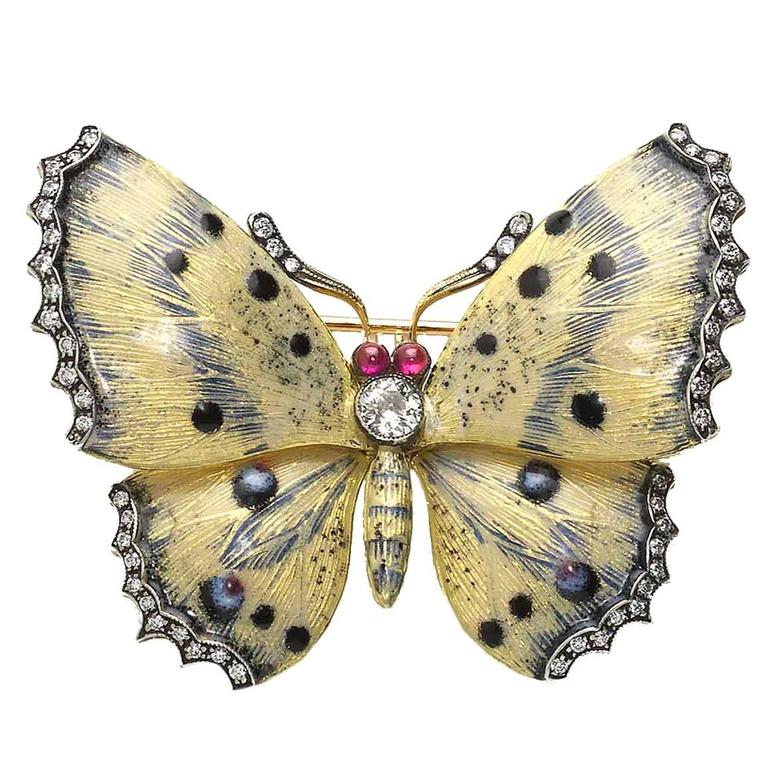 Cream and Blue Enamel Diamond Gold Butterfly Brooch For Sale
