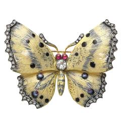 Cream and Blue Enamel Diamond Gold Butterfly Brooch 8