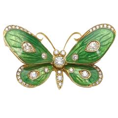 Green Enamel Diamond Gold Butterfly Brooch
