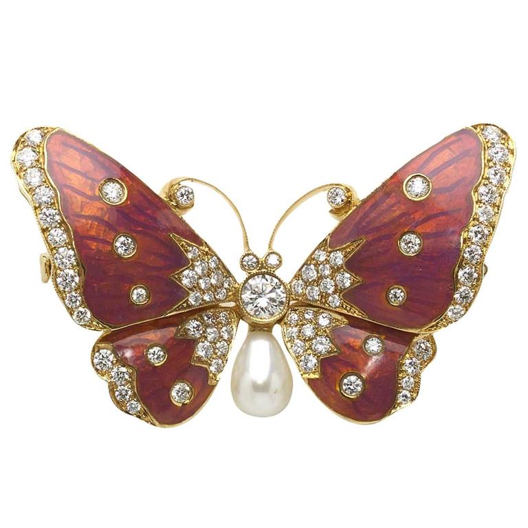 Pink Enamel Pearl Diamond Gold Butterfly Brooch For Sale