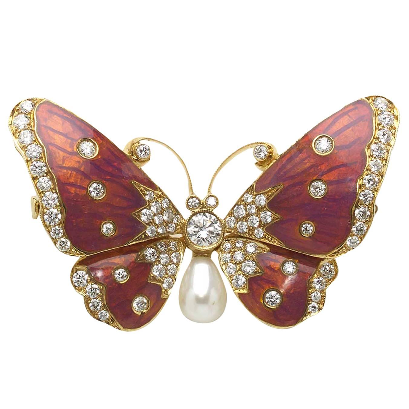 Pink Enamel Pearl Diamond Gold Butterfly Brooch 