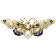 Enamel Pearl Emerald Diamond Gold Butterfly Brooch 