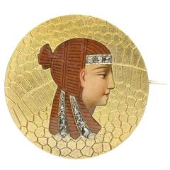 Art Nouveau Enamel Diamond Gold Egyptian Woman's Head Brooch
