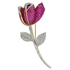 Invisibly Set 13.80 Carats Rubies Diamond Gold Rose Brooch