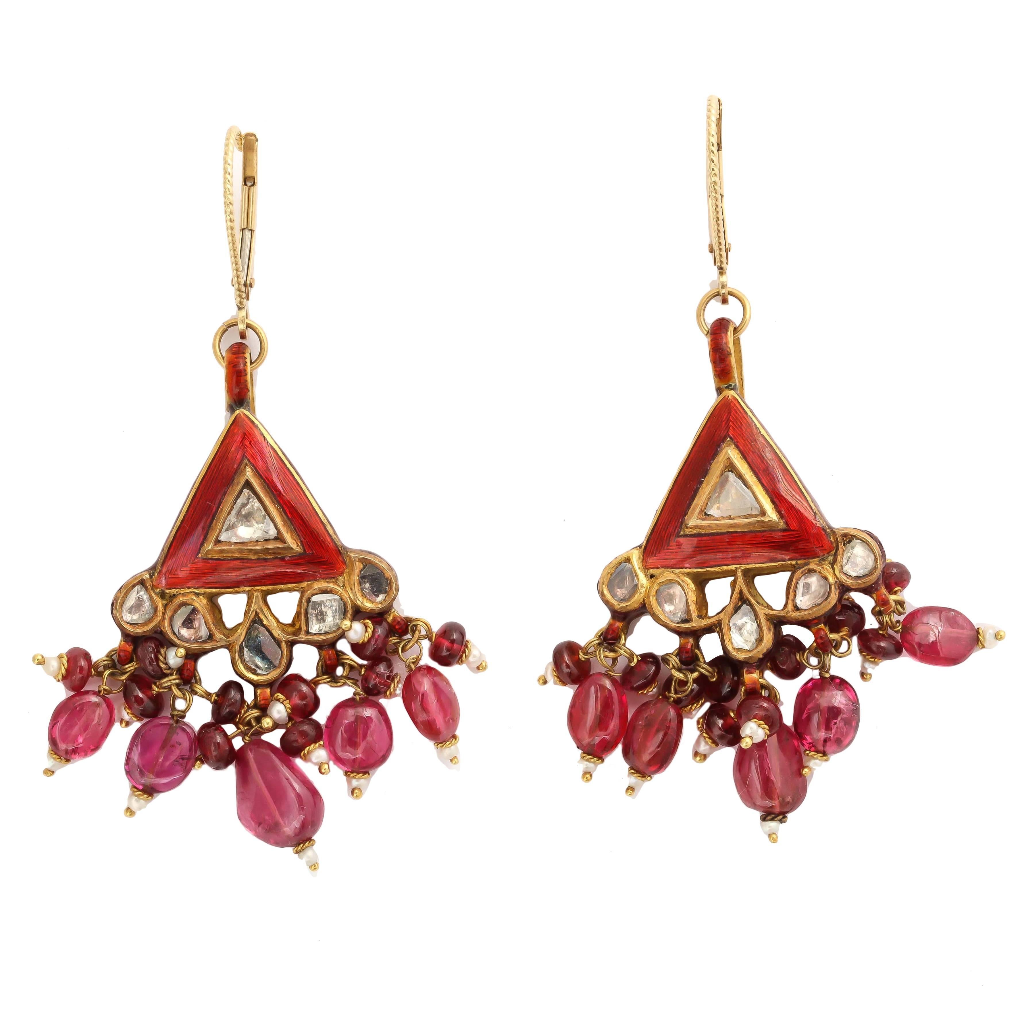 Exotic Enamel Ruby Spinel Gold Indian Dangle Earring