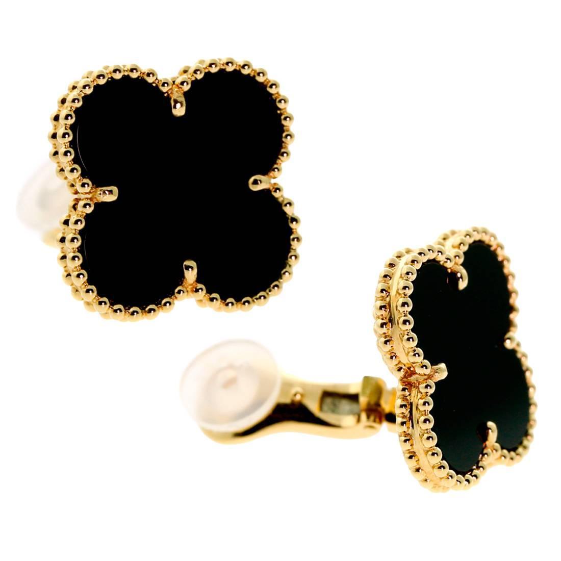 Van Cleef and Arpels Magic Alhambra Onyx Gold Earrings For Sale at 1stdibs