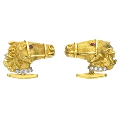Vintage Ruby Diamond Gold "La Triomphe" Horse Head Cufflinks