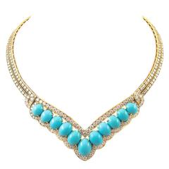 Superb 1970s Van Cleef & Arpels Paris Turquoise Diamond Gold Necklace