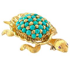1960s Turquoise Ruby Gold Sea Turtle Brooch 