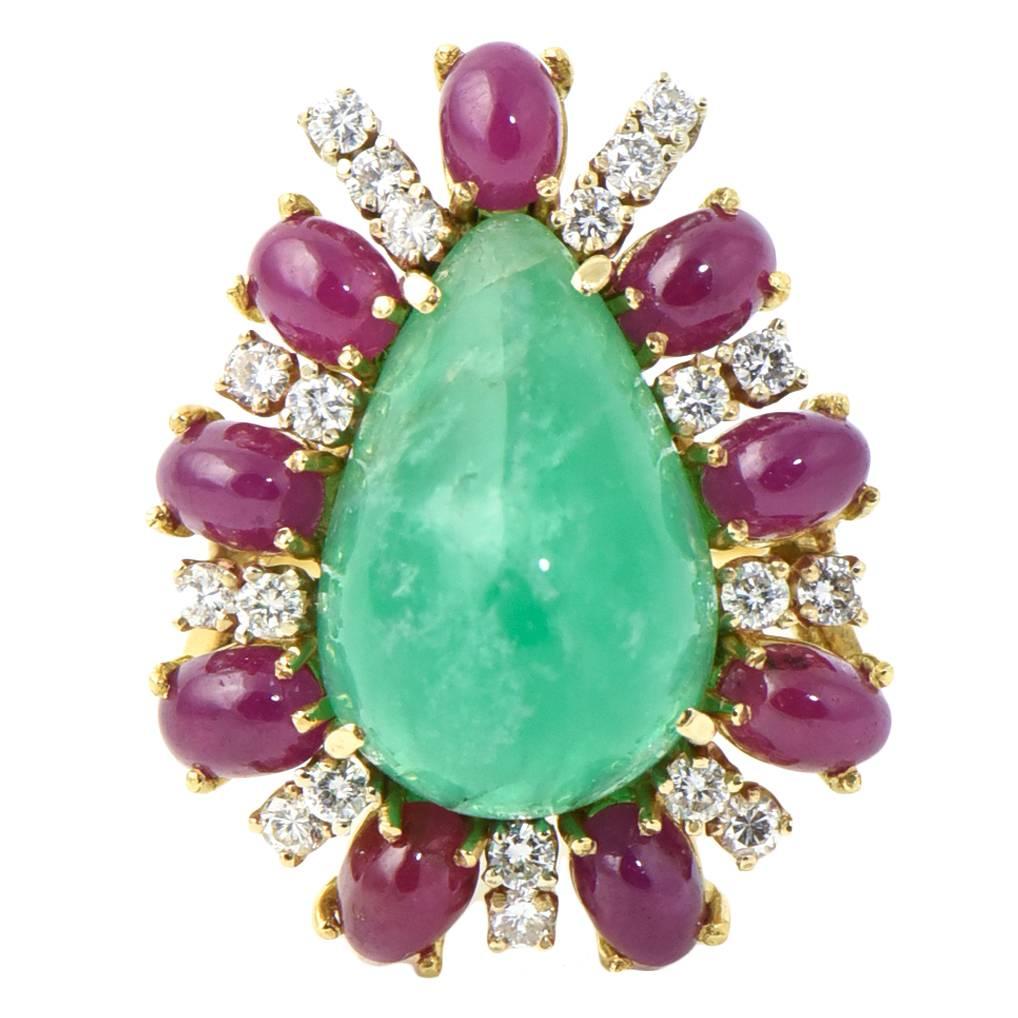 Emerald Ruby Diamond Gold Statement Ring For Sale